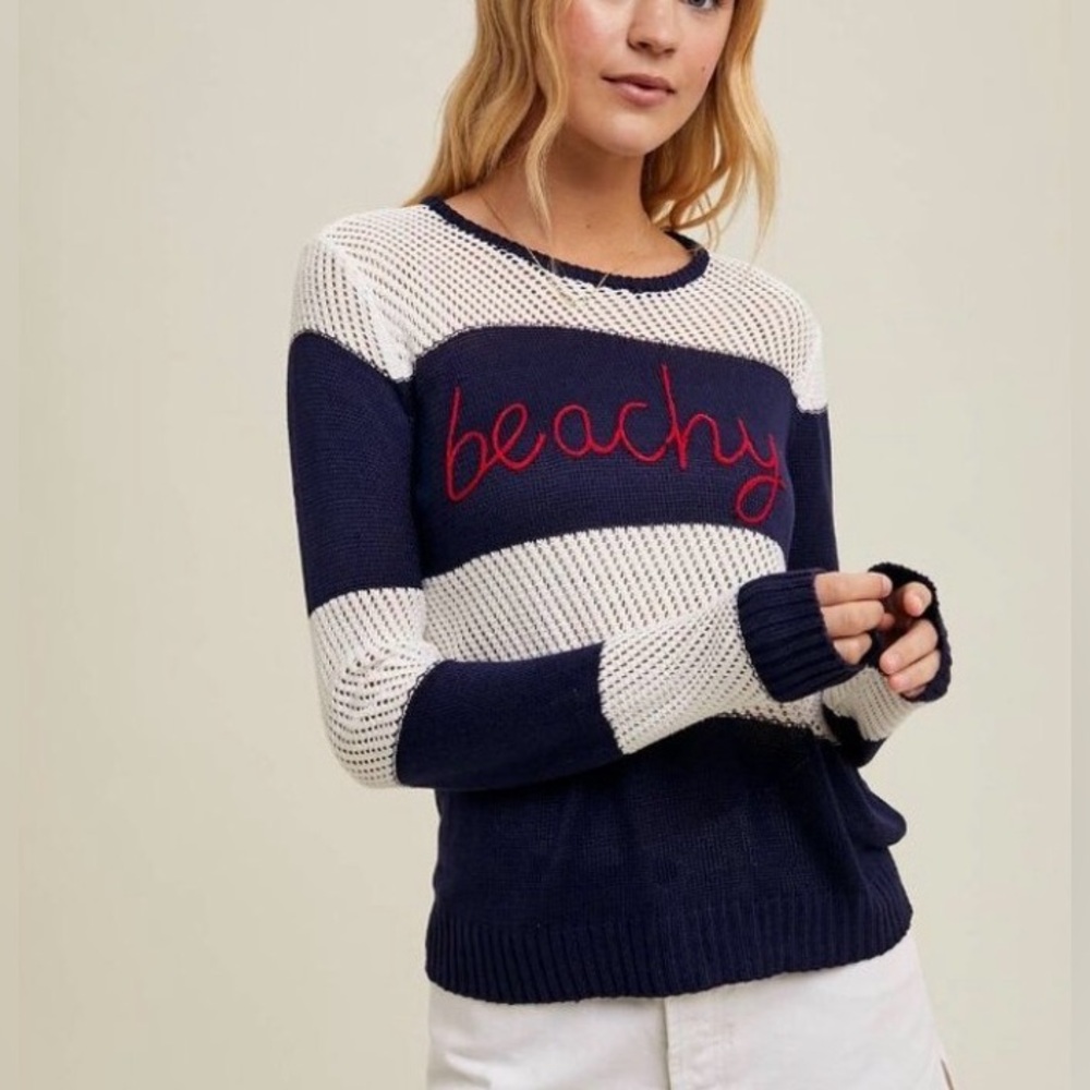 NWT WISHLIST Beachy Embroidered Striped Navy Off White Sheer Top Size Large